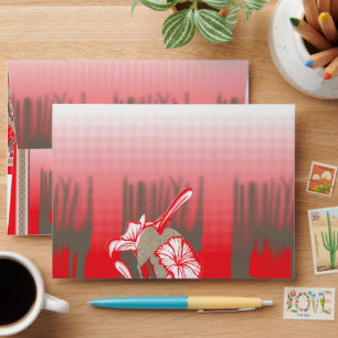 A vibrant graphic design features a red, patterned envelope