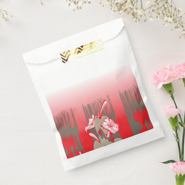 A vibrant graphic design features a red, patterned favour bags (Sealed)