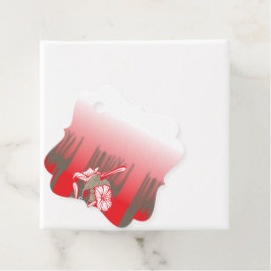 A vibrant graphic design features a red, patterned favour tags