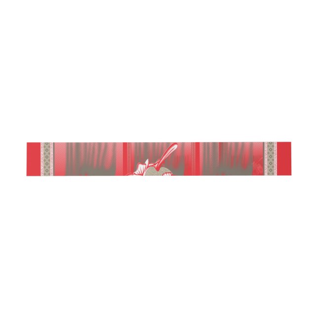 A vibrant graphic design features a red, patterned invitation belly band (Flat)