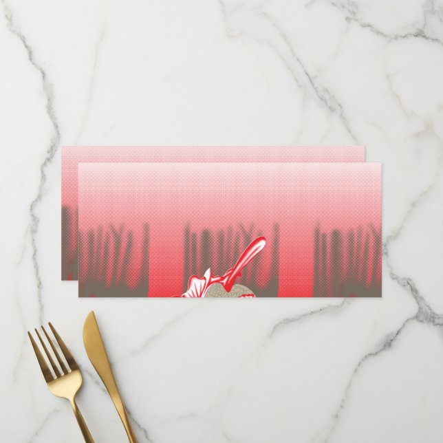 A vibrant graphic design features a red, patterned menu (Front/Back In Situ)