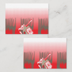 A vibrant graphic design features a red, patterned place card