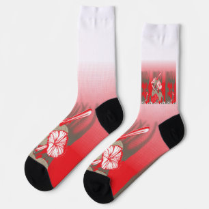 A vibrant graphic design features a red, patterned socks