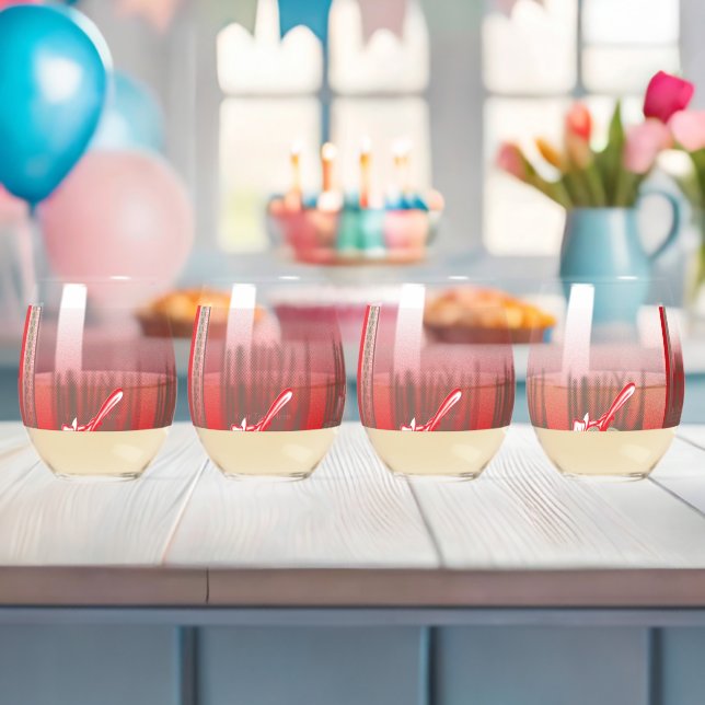A vibrant graphic design features a red, patterned stemless wine glass (Insitu (Baby Shower))
