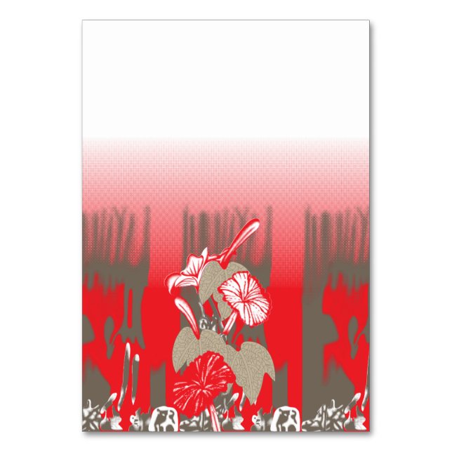A vibrant graphic design features a red, patterned table number (Front)