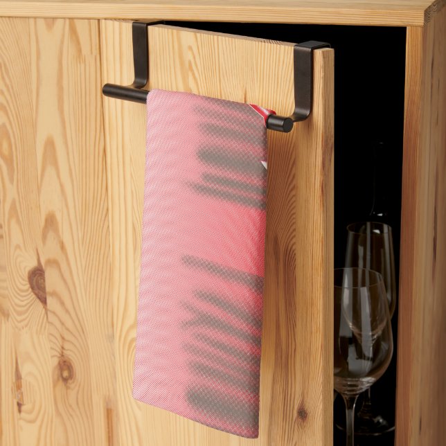A vibrant graphic design features a red, patterned tea towel (Thirds Fold)