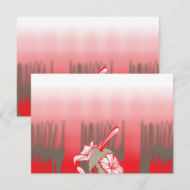 A vibrant graphic design features a red, patterned thank you card (Front/Back)