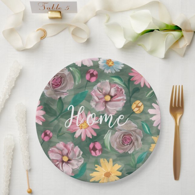 A vibrant green flowers pattern - Home Paper Plate (Wedding)