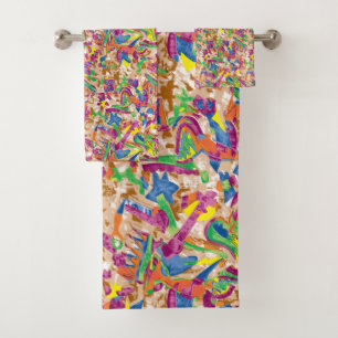 A vibrant modern art piece featuring a pink and mu bath towel set
