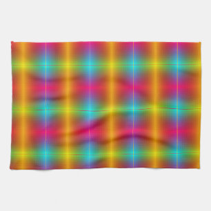 A vibrant, plaid-patterned fabric in rainbow colou tea towel