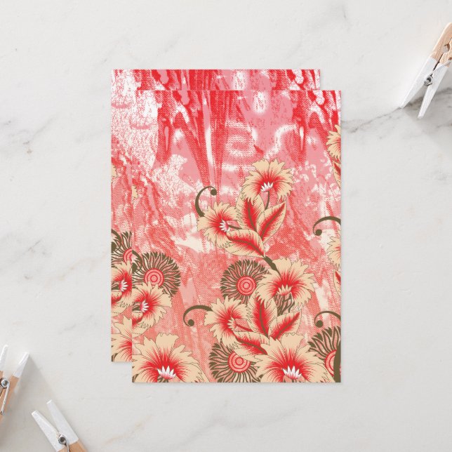 A vibrant red and peach textile design featuring f invitation (Front/Back In Situ)