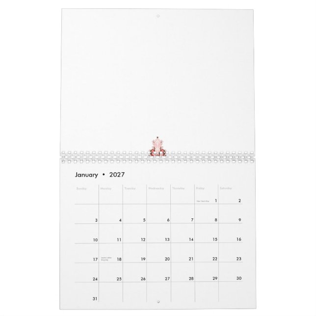 A vibrant red graphic features a creative floral d calendar (Jan 2027)