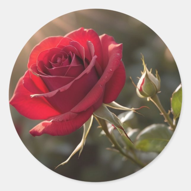 A vibrant red rose, symbolising love and passion classic round sticker (Front)