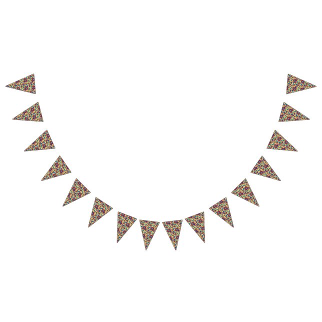 A vibrant textile art piece featuring bold red, ye bunting  (All)