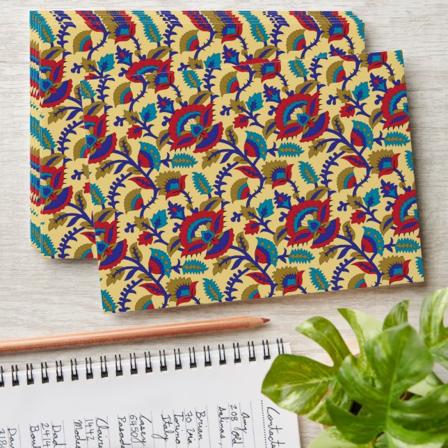 A vibrant textile art piece featuring bold red, ye envelope (Stacked)