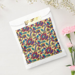 A vibrant textile art piece featuring bold red, ye favour bags
