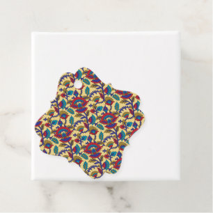 A vibrant textile art piece featuring bold red, ye favour tags