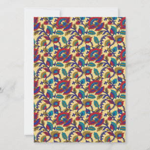 A vibrant textile art piece featuring bold red, ye invitation