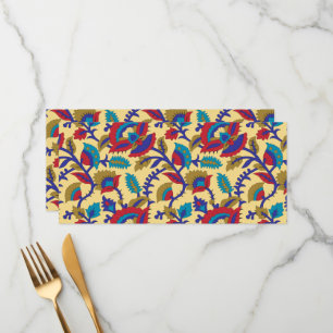 A vibrant textile art piece featuring bold red, ye menu