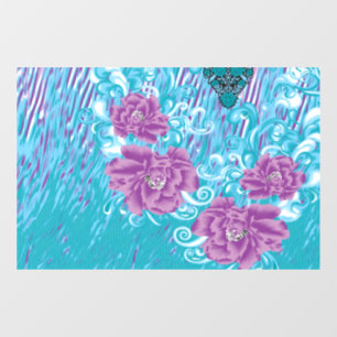 A vibrant textile design featuring purple and turq