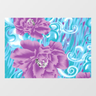 A vibrant textile design featuring purple and turq