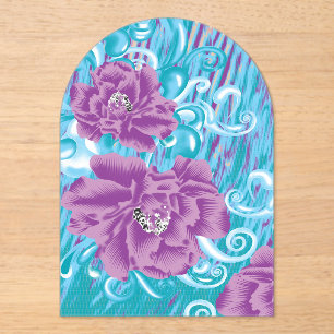 A vibrant textile design featuring purple and turq acrylic invitations
