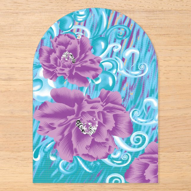 A vibrant textile design featuring purple and turq acrylic invitations (Front)