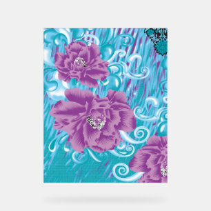 A vibrant textile design featuring purple and turq acrylic sign
