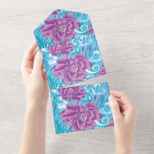 A vibrant textile design featuring purple and turq all in one invitation