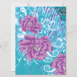 A vibrant textile design featuring purple and turq announcement