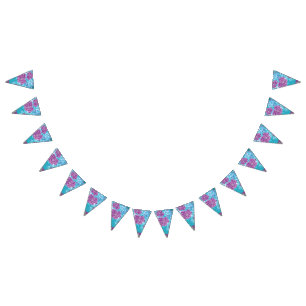 A vibrant textile design featuring purple and turq bunting