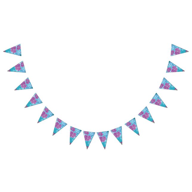 A vibrant textile design featuring purple and turq bunting  (All)