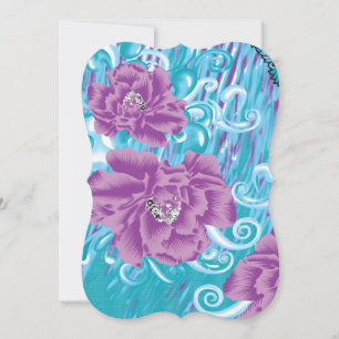 A vibrant textile design featuring purple and turq card