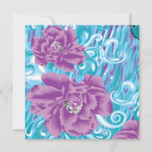 A vibrant textile design featuring purple and turq card