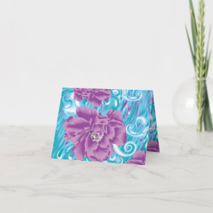 A vibrant textile design featuring purple and turq card