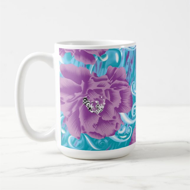A vibrant textile design featuring purple and turq coffee mug (Left)