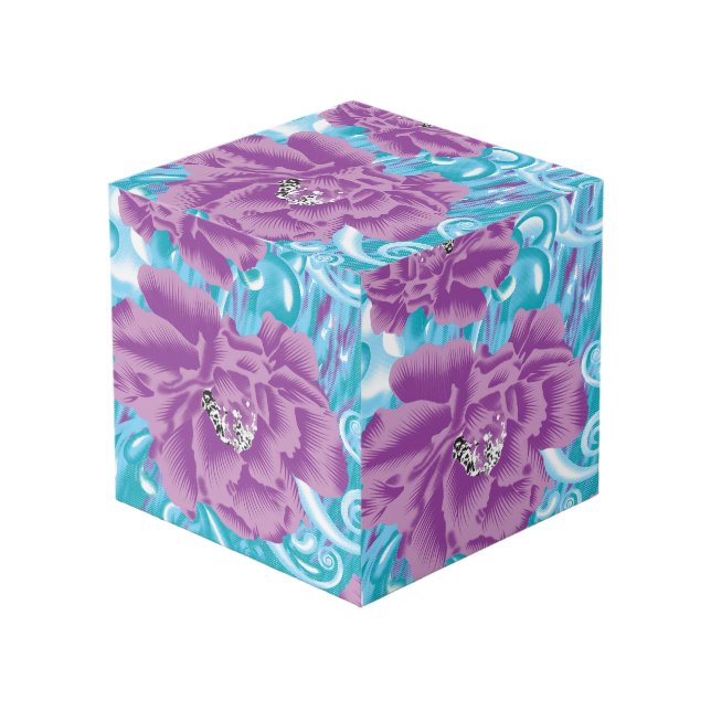 A vibrant textile design featuring purple and turq cube (Front Angled)