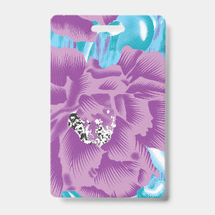 A vibrant textile design featuring purple and turq ID badge