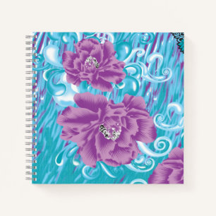 A vibrant textile design featuring purple and turq notebook