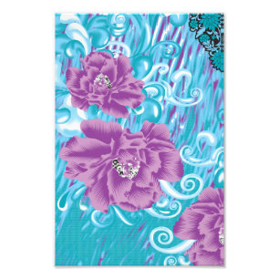 A vibrant textile design featuring purple and turq photo print