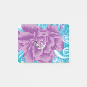 A vibrant textile design featuring purple and turq post-it notes