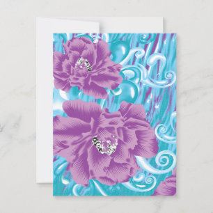 A vibrant textile design featuring purple and turq postcard