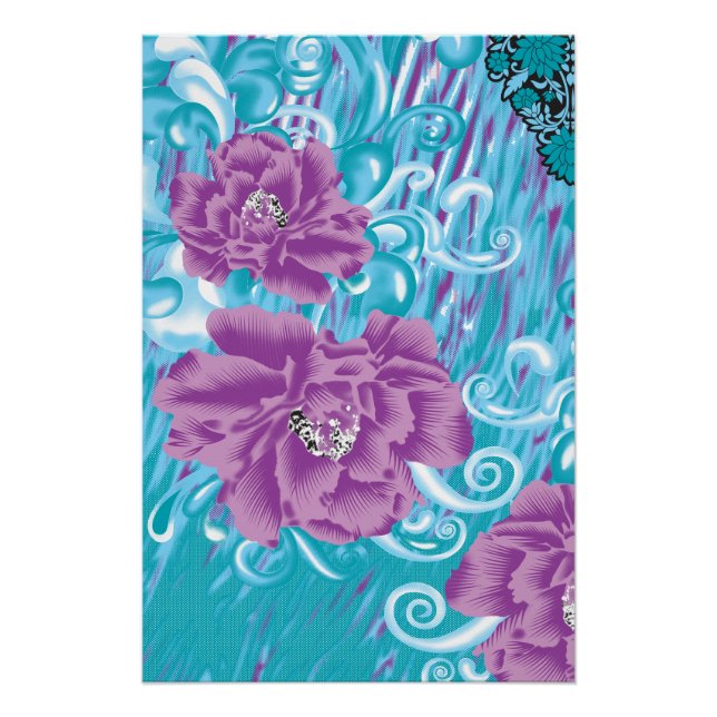 A vibrant textile design featuring purple and turq poster (Front)