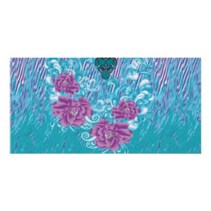 A vibrant textile design featuring purple and turq poster