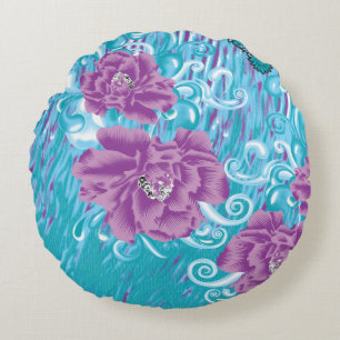 A vibrant textile design featuring purple and turq round cushion