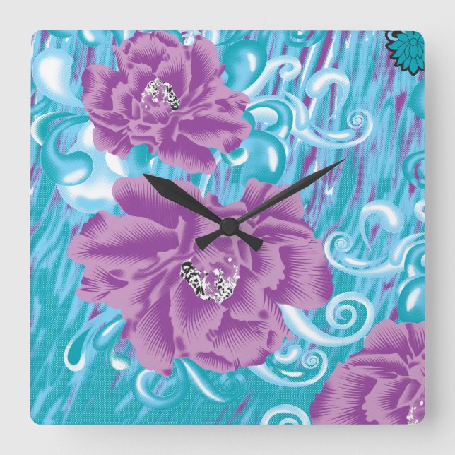 A vibrant textile design featuring purple and turq square wall clock (Front)