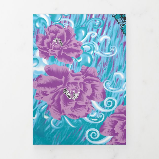 A vibrant textile design featuring purple and turq Tri-Fold invitation (Cover)