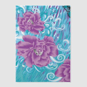 A vibrant textile design featuring purple and turq vellum invitations