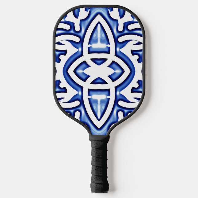 A vibrant white & blue classic pattern design  pickleball paddle (Front)