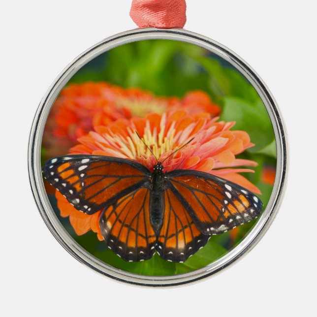 A Viceroy Butterfly on Orange Zinnias Metal Tree Decoration (Front)